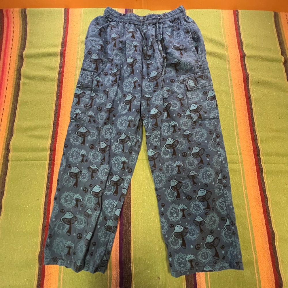 Rising International Cargo Pants Unisex M Blue Mushroom Sun Peace Boho Hippie